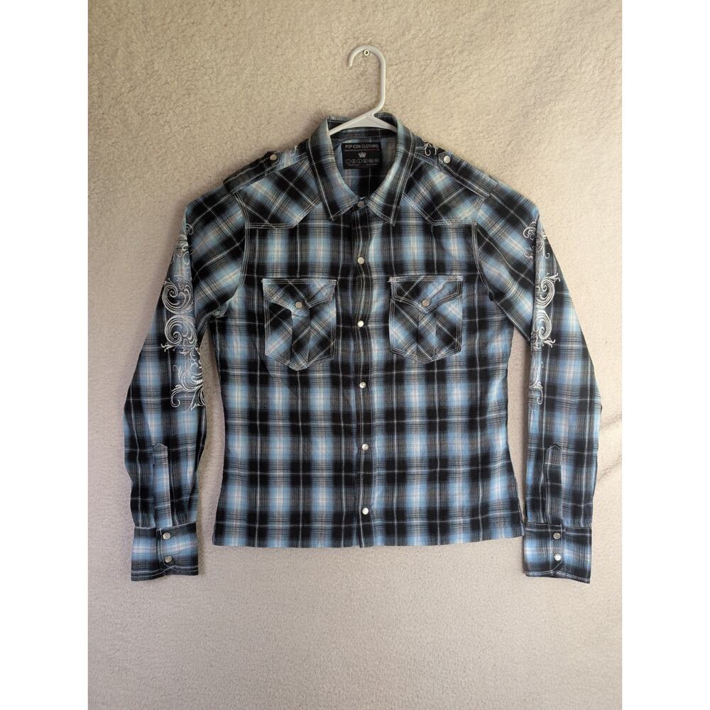Pop Icon Shirt Mens Small Black Blue Plaid Pearl Snap Button Up Y2K READ